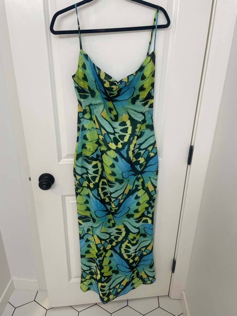 Meshki Blue and Green Butterfly-Print Maxi Dress